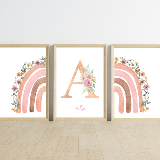 Affiches enfant personnalisée arc en ciel fleuri - Affiche de Naissance bohème - par Le Temps des Paillettes - Le Temps des Paillettes