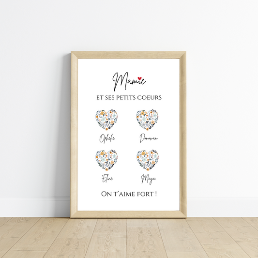 Affiche mamie coeur personnalisée - Affiche mamie avec prénoms petits enfants par Le Temps des Paillettes - Le Temps des Paillettes