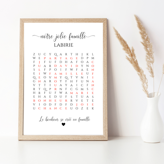 Affiche famille mot mêlés - Cadre personnalisé mots croisés famille et couple - Cadeau de noël personnalisé par Le Temps des Paillettes - Le Temps des Paillettes