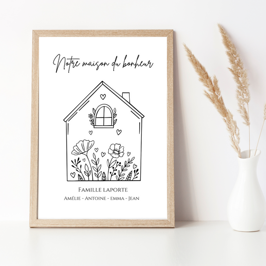 Affiche famille minimaliste, Affiche Maison personnalisée avec prénoms - Cadeau personnalisé par Le Temps des Paillettes - Le Temps des Paillettes