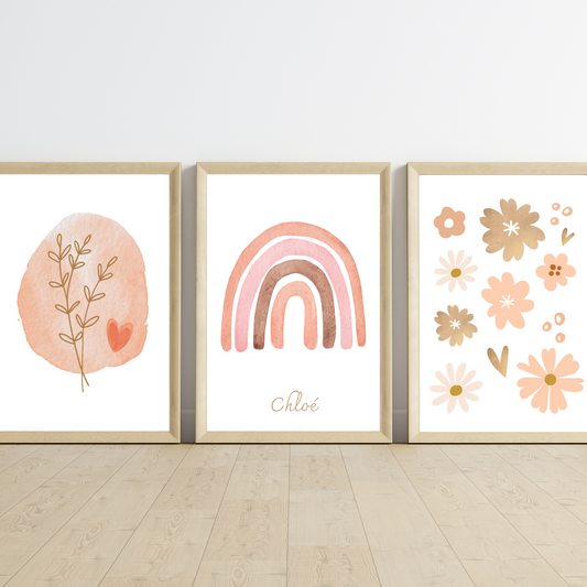 Affiches enfant boho bohème - Affiche fleurs et arc en ciel terracotta par Le Temps des Paillettes - Le Temps des Paillettes