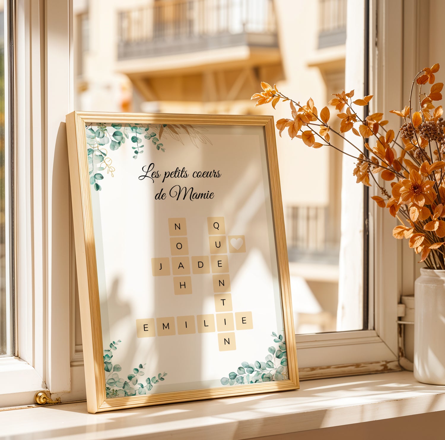 Affiche Mamie Personnalisée with Scrabble tile names and eucalyptus design for Fête des Grands-Mères.