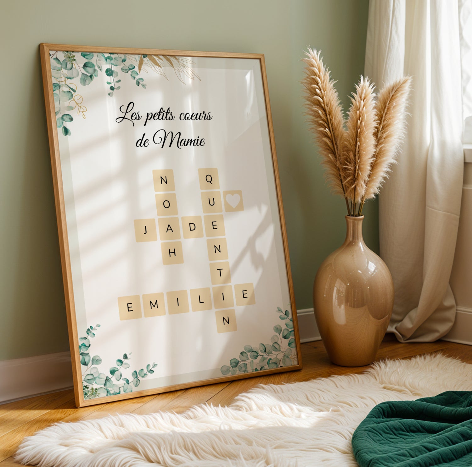 Affiche Mamie Personnalisée with eucalyptus design and grandchildren's names in Scrabble style for Fête des Grands-Mères.