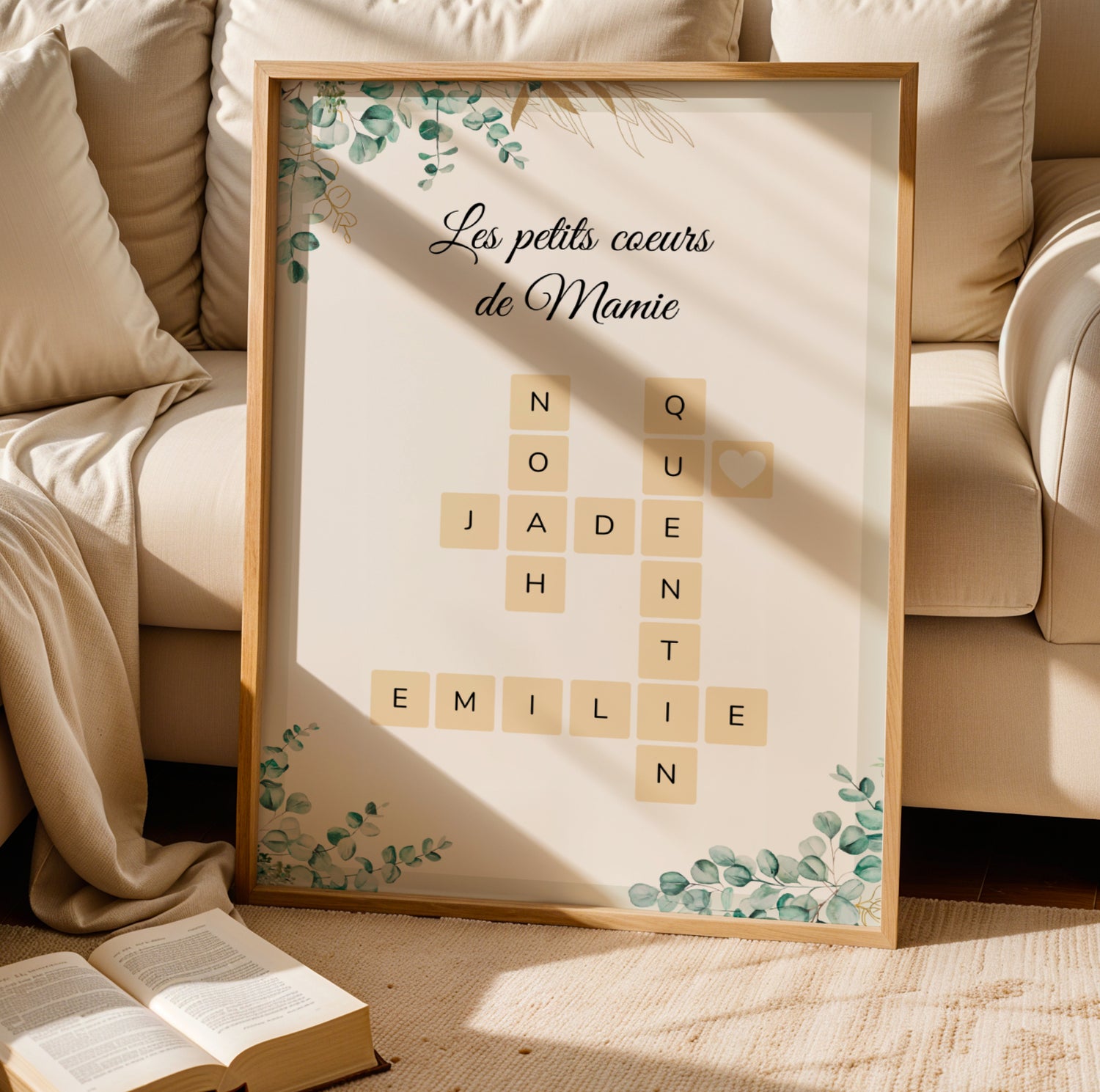 Affiche Mamie Personnalisée with eucalyptus design, Scrabble tiles spelling grandchildren's names, Fête des Grands-Mères.