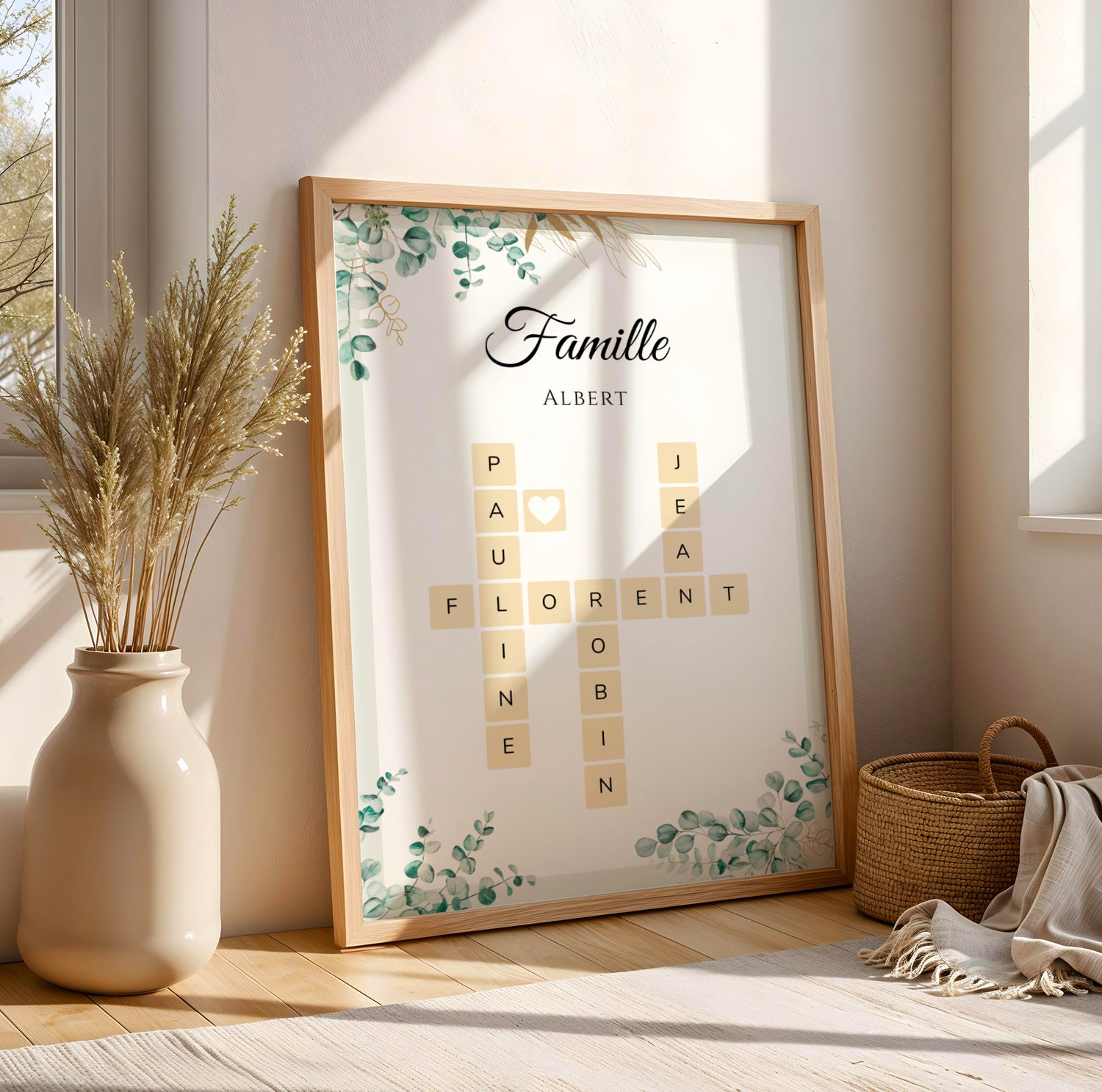Affiche Scrabble Pêle-Mêle Famille Personnalisée Eucalyptus – Prénoms Entrelacés Cadeau Noël Famille Recomposée - Image 1