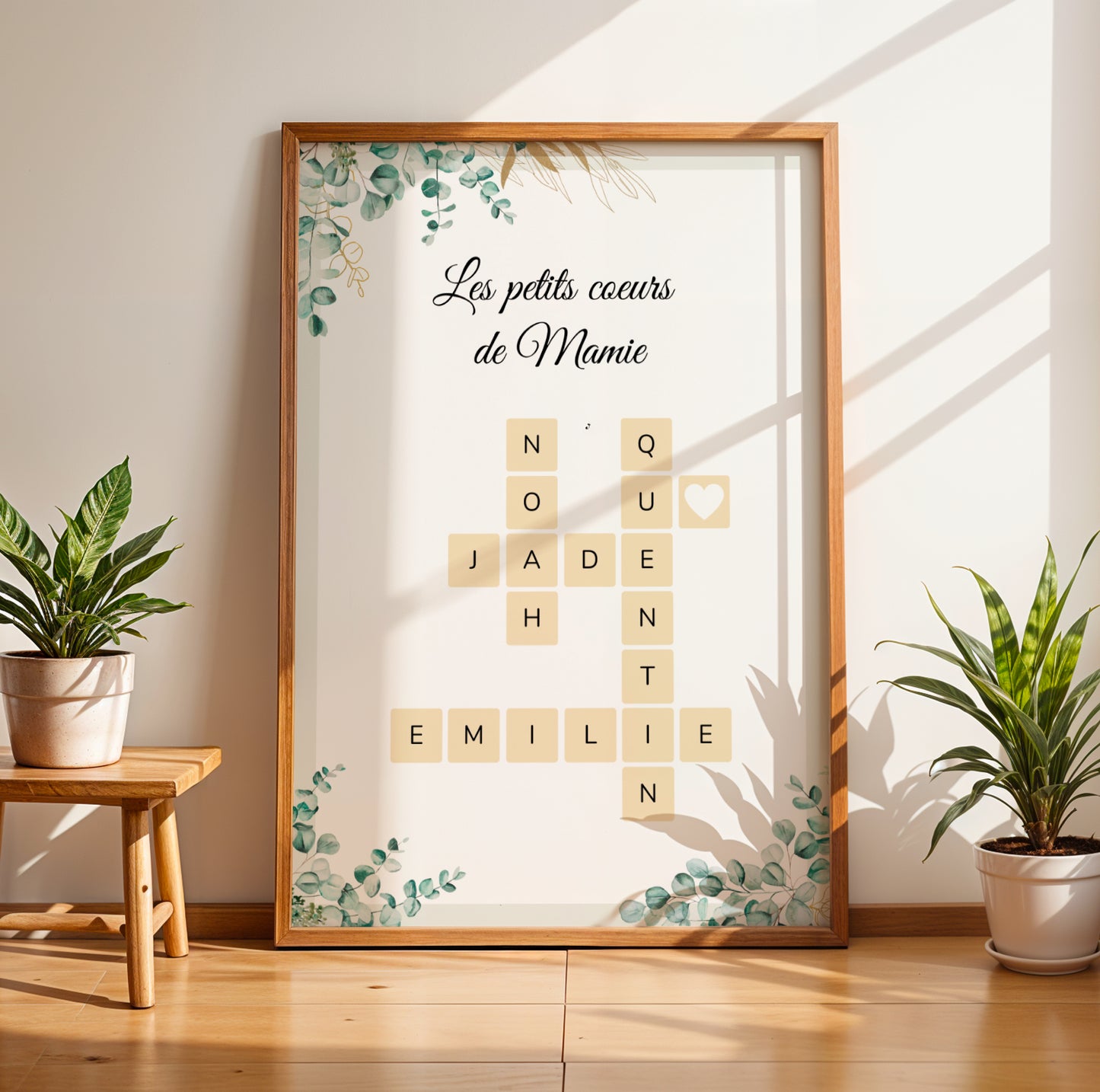 Affiche Mamie Personnalisée with eucalyptus design and grandchildren names in scrabble style for Fête des Grands-Mères.