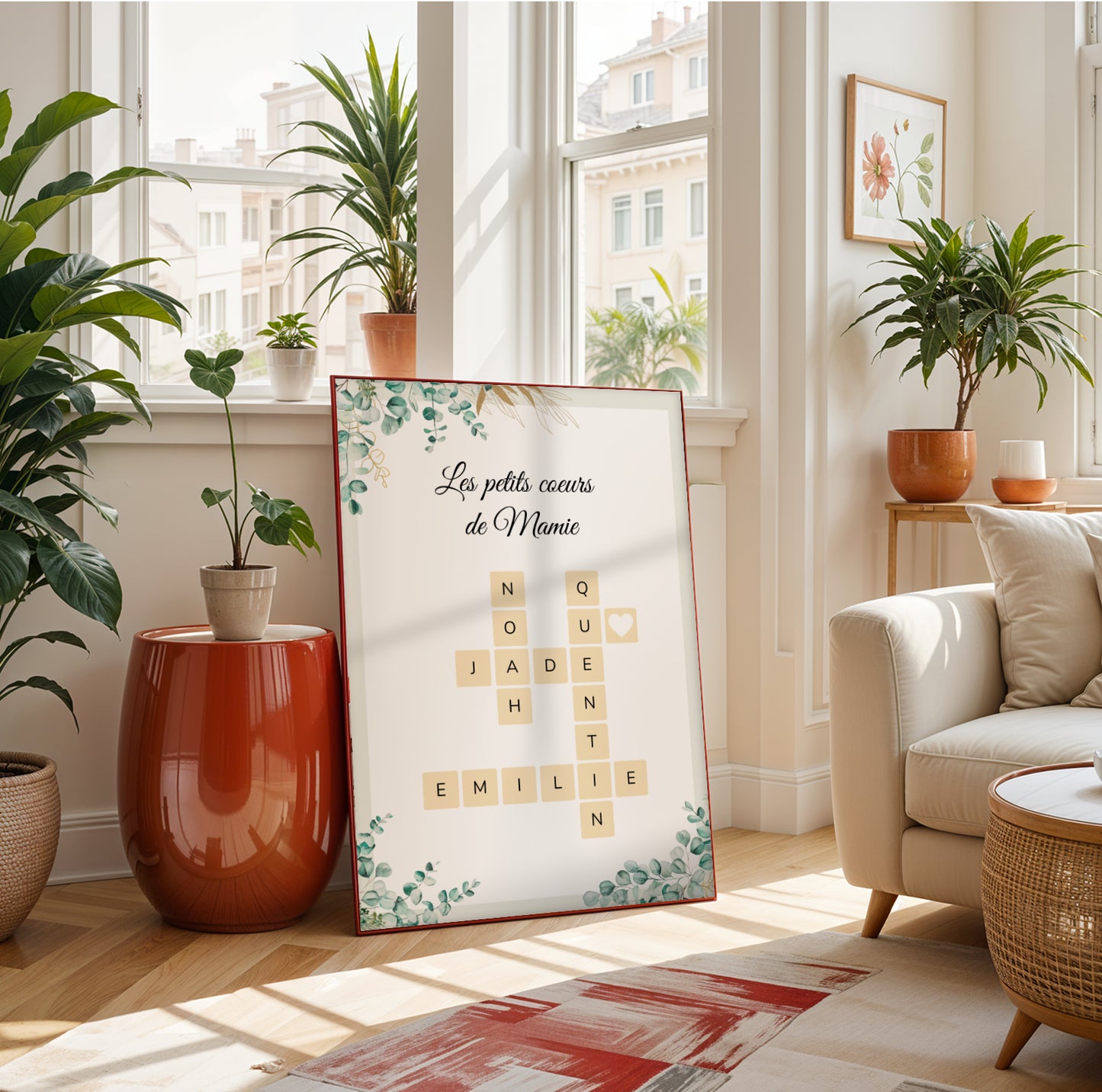 Affiche Mamie Personnalisée with scrabble tiles and eucalyptus design, Fête des Grands-Mères gift in elegant white frame.