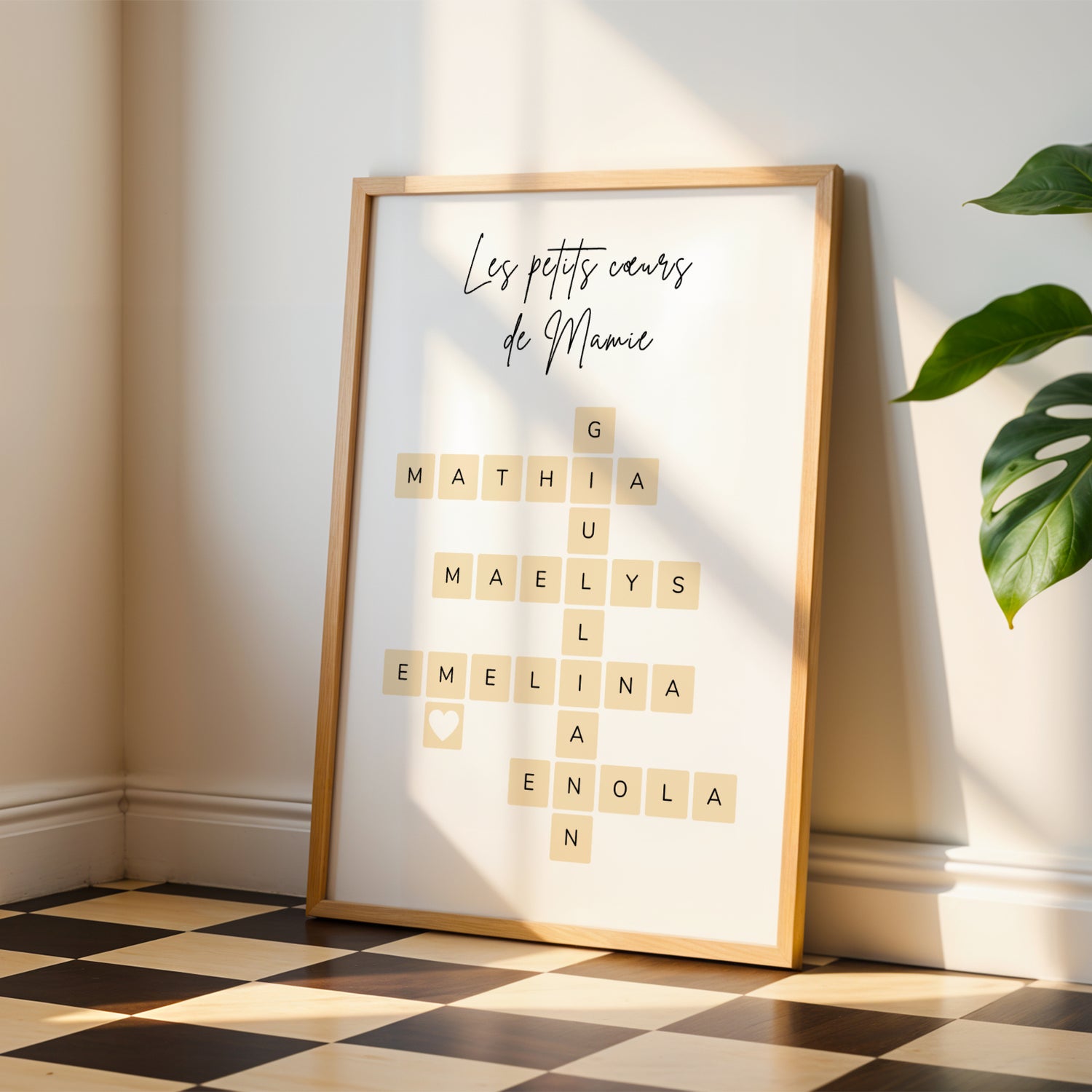 Affiche Mamie Personnalisée with grandchildren’s names in scrabble style, elegant script, warm natural light, wooden frame,.