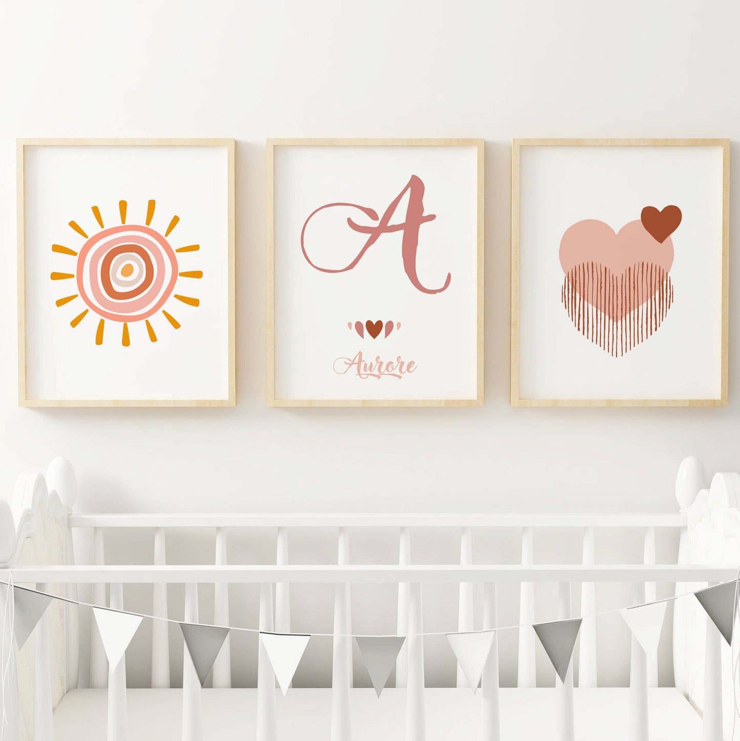 Lot 3 Affiches Chambre Bébé Bohème Cœur Rose Aquarelle – Galerie Murale Personnalisée Prénom Cadeau Naissance Fille - Image 4