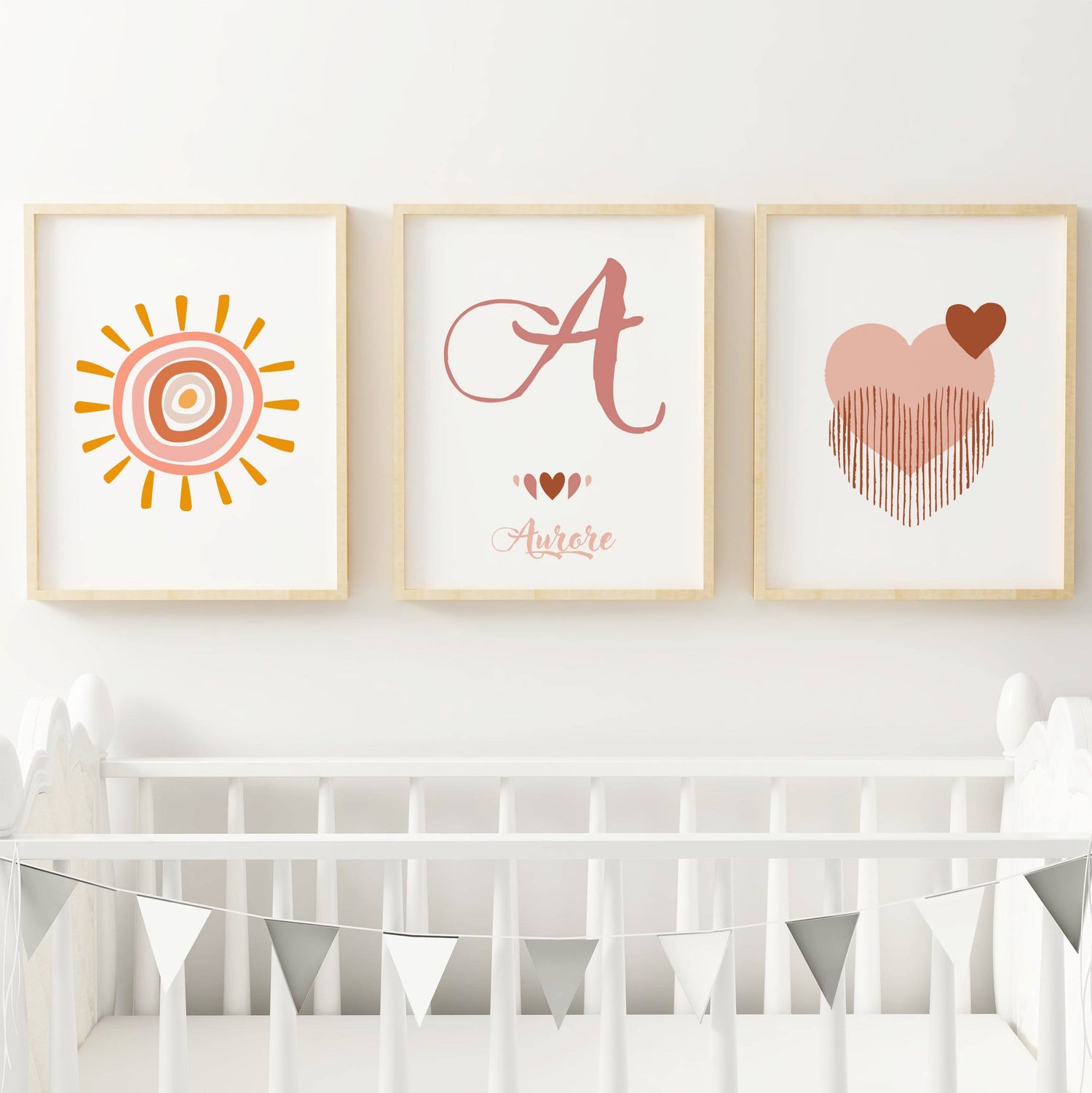 Lot 3 Affiches Chambre Bébé Bohème Cœur Rose Aquarelle – Galerie Murale Personnalisée Prénom Cadeau Naissance Fille - Image 4