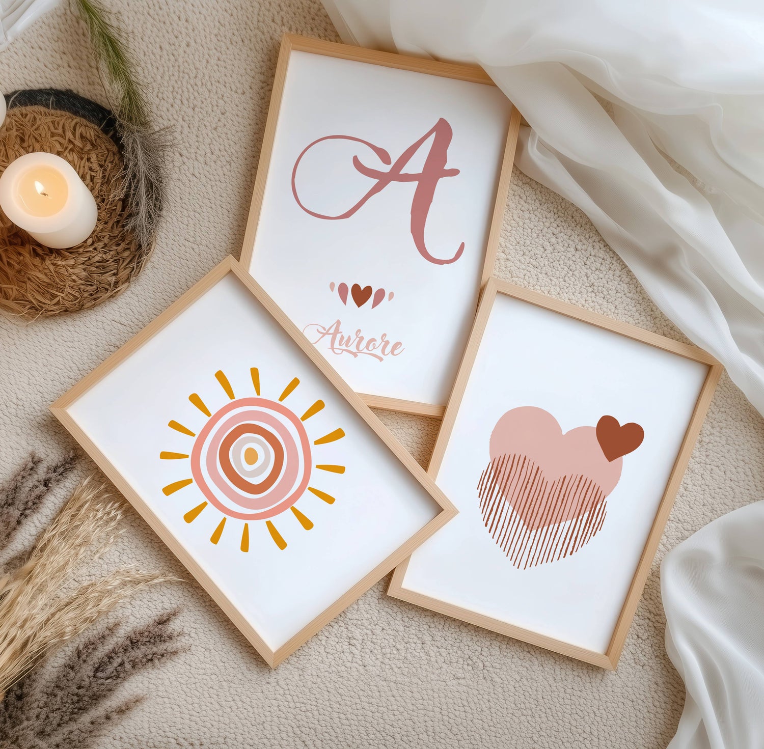 Lot 3 Affiches Chambre Bébé Bohème Cœur Rose Aquarelle – Galerie Murale Personnalisée Prénom Cadeau Naissance Fille - Image 2