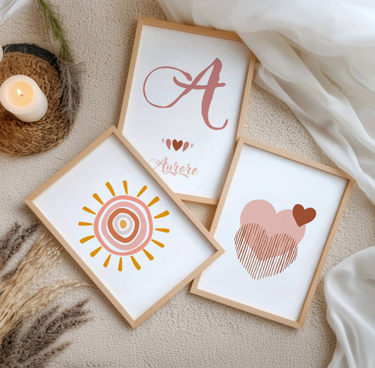 Lot 3 Affiches Chambre Bébé Bohème Cœur Rose Aquarelle – Galerie Murale Personnalisée Prénom Cadeau Naissance Fille