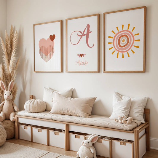Lot 3 Affiches Chambre Bébé Bohème Cœur Rose Aquarelle – Galerie Murale Personnalisée Prénom Cadeau Naissance Fille
