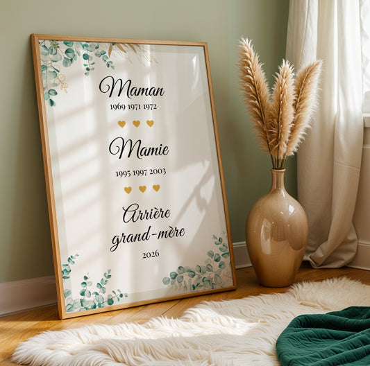 Affiche Mamie Personnalisée in a wooden frame with floral border and heartfelt text for Fête des Grands-Mères.