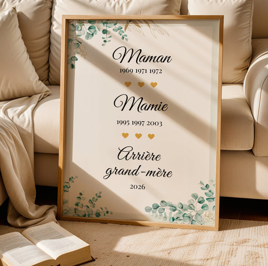 Affiche Mamie Personnalisée with family dates and green botanical accents for Fête des Grands-Mères in wooden frame.