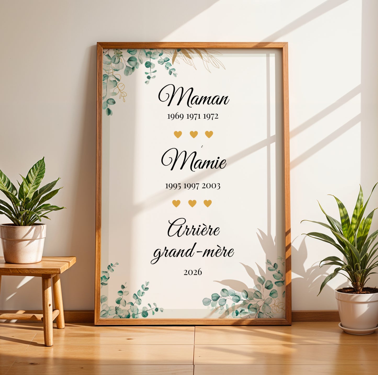 Affiche Mamie Personnalisée with family birth years and floral greenery for Fête des Grands-Mères.