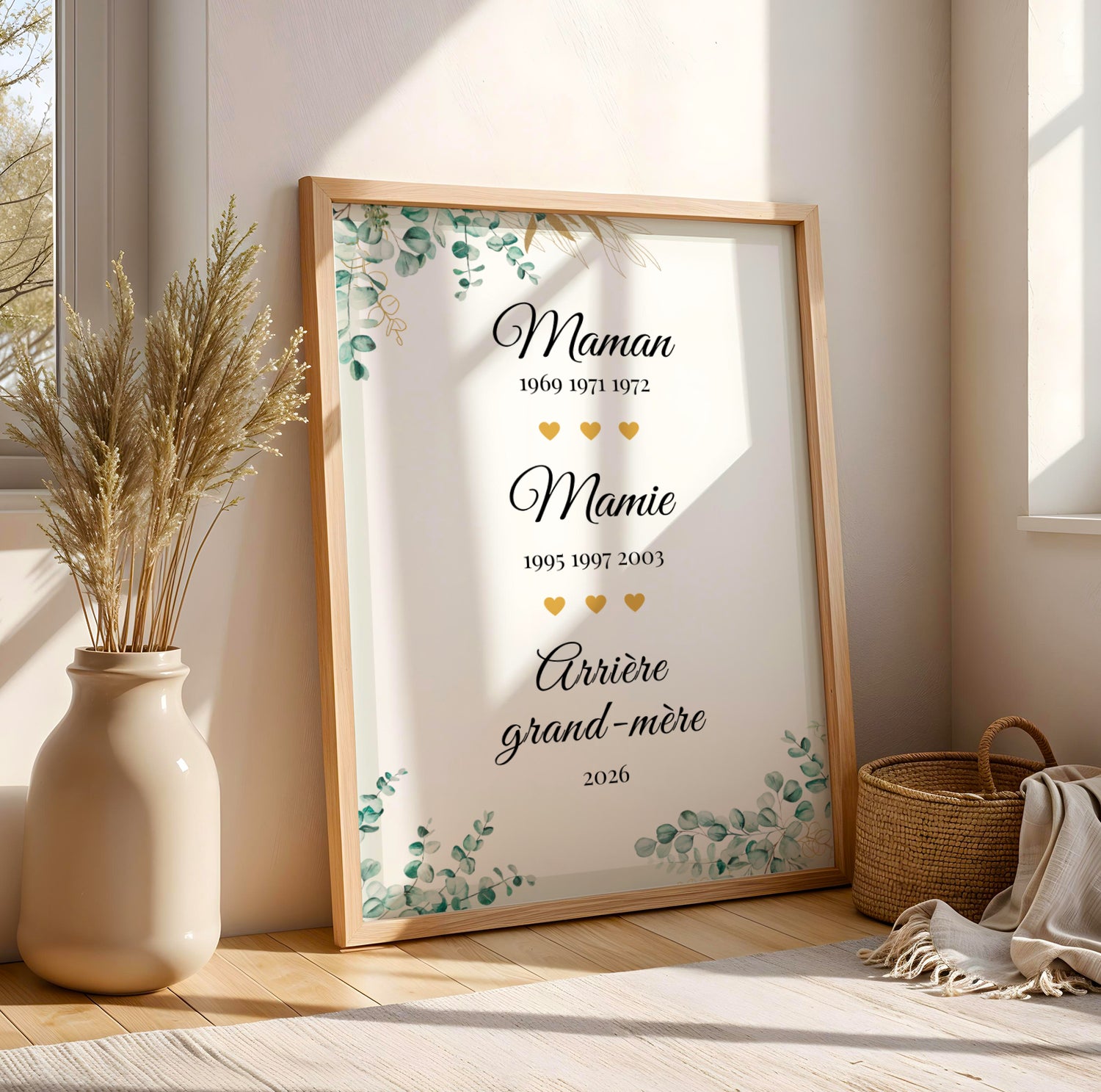 Framed Affiche Mamie Personnalisée with gold hearts and green floral border for Fête des Grands-Mères.