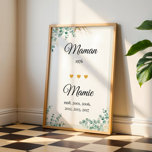 Affiche Mamie Personnalisée Fête des Grands-Mères with elegant script, dates, gold hearts, and green botanical accents in.