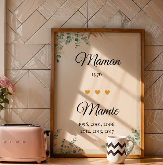 Affiche Mamie Personnalisée with elegant greenery design and gold hearts, Fête des Grands-Mères gift poster in wooden frame.