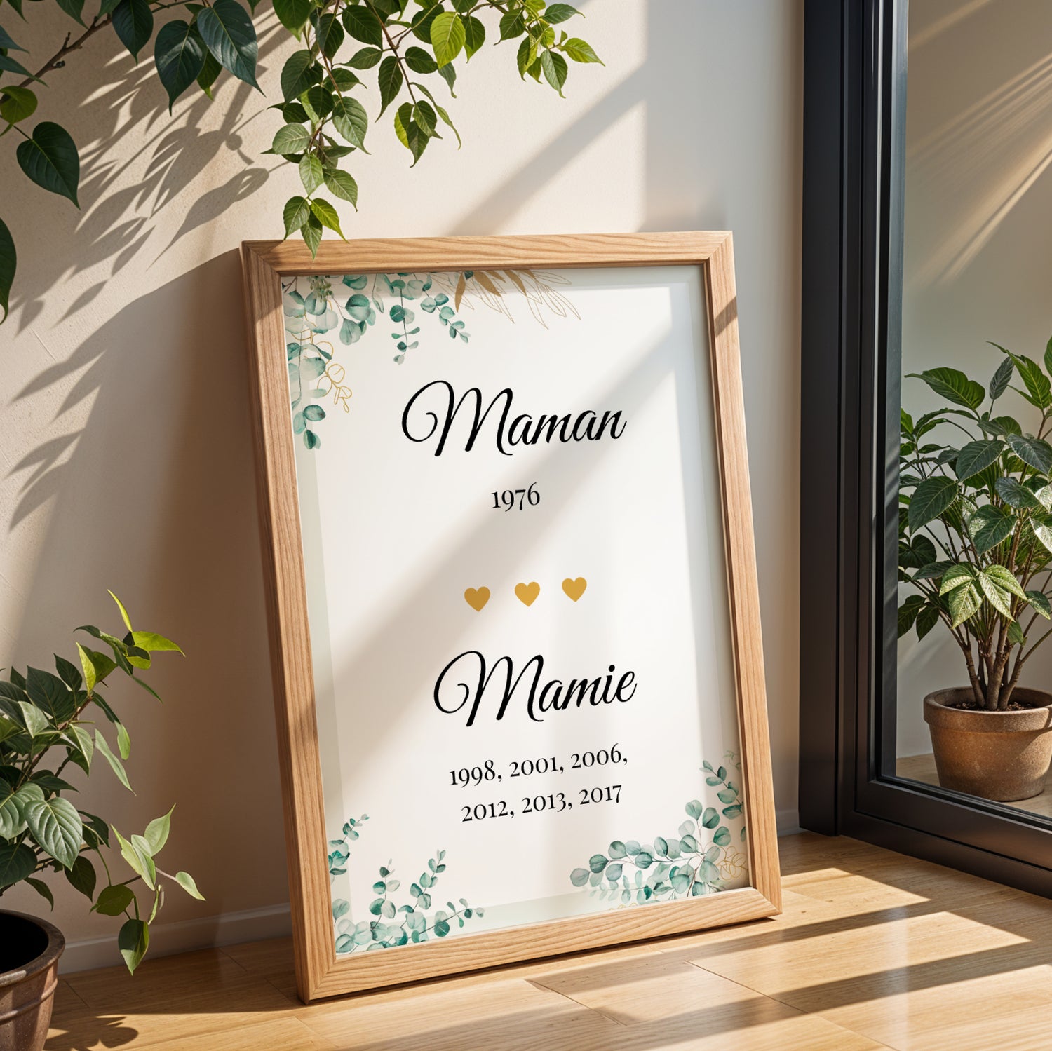Affiche Mamie Personnalisée fête des Grands-Mères with elegant script, gold hearts, and green leaf border in wooden frame on .