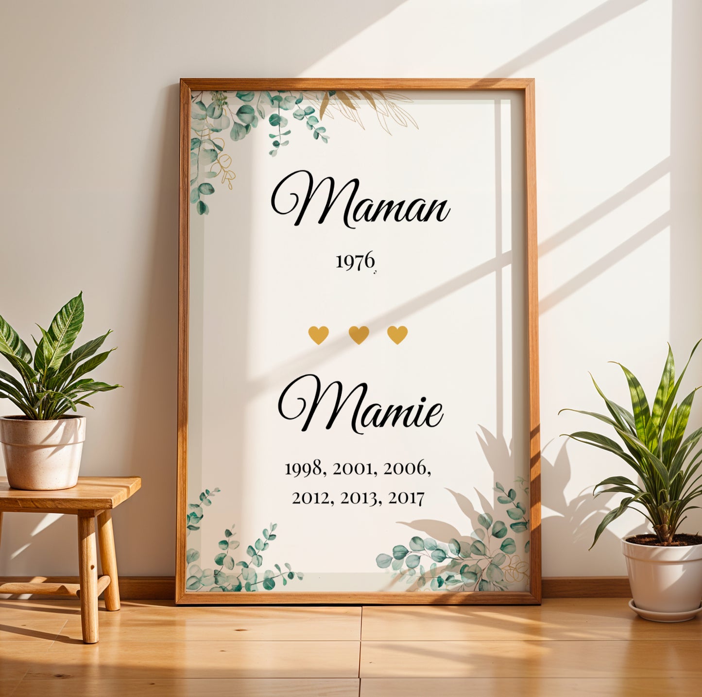 Affiche Mamie Personnalisée Fête des Grands-Mères framed print with floral greenery and gold hearts.