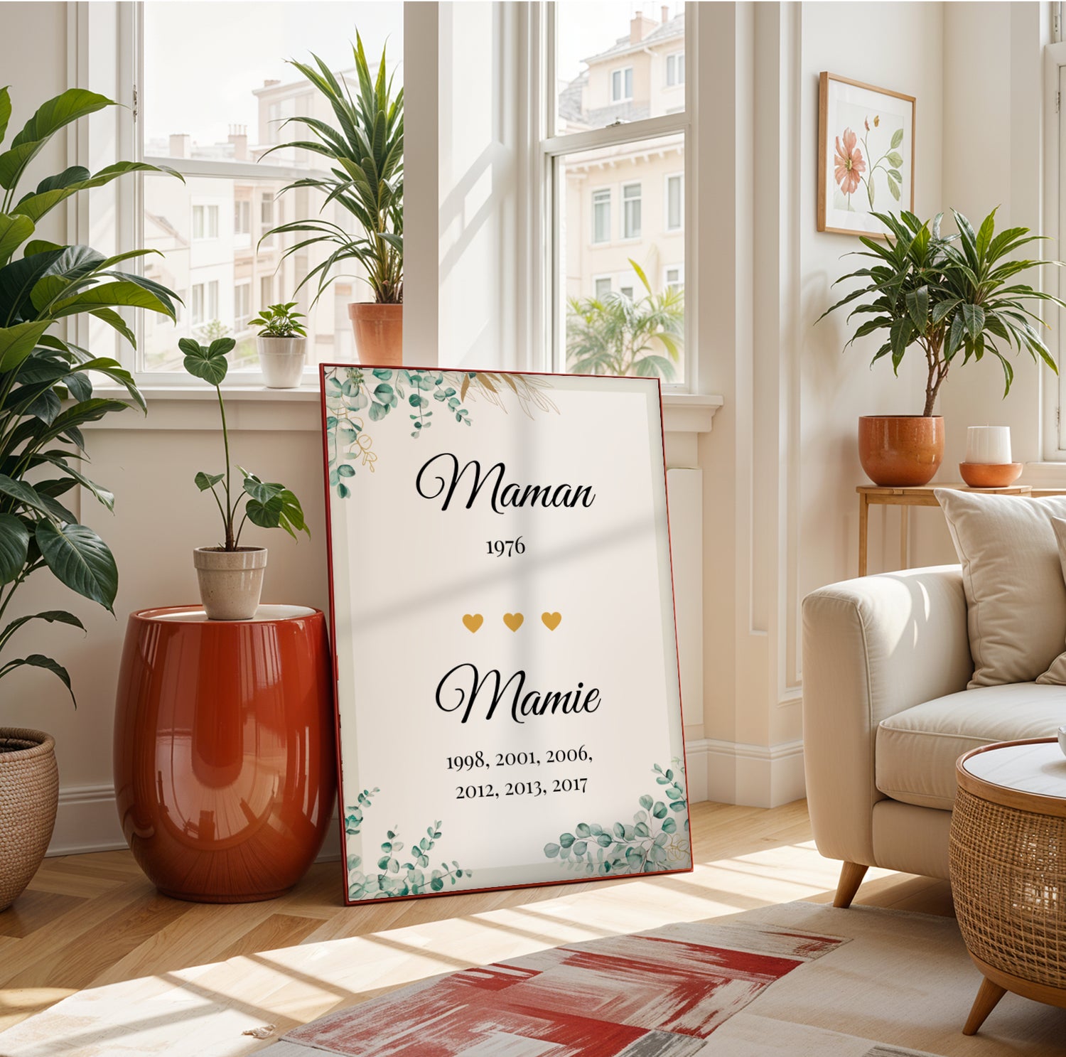 Affiche Mamie Personnalisée with floral design and gold hearts for Fête des Grands-Mères in light, cozy living room.