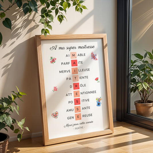 Affiche Scrabble Maîtresse Personnalisée – Cadeau Fin d'Année Scolaire Original