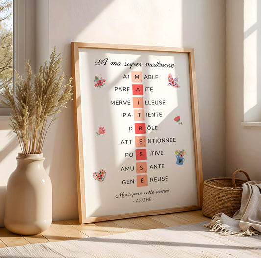 Affiche Scrabble Maîtresse Personnalisée – Cadeau Fin d'Année Scolaire Original