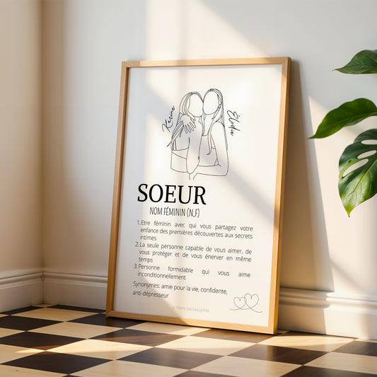 Affiche définition sœur personnalisée style dictionnaire avec prénom, cadeau original pour sœur à offrir pour anniversaire ou Noël.