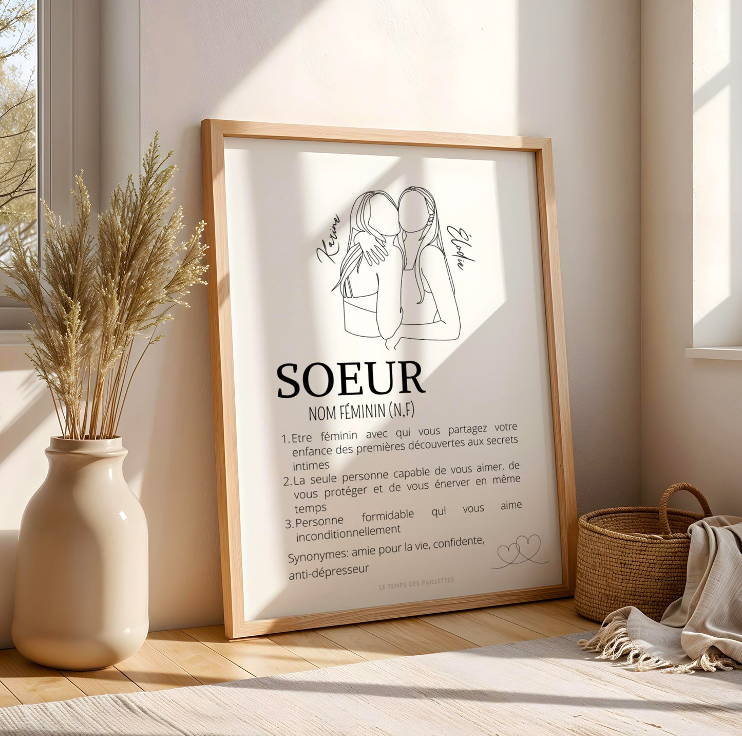 Affiche définition sœur personnalisée style dictionnaire avec prénom, cadeau original pour sœur à offrir pour anniversaire ou Noël.