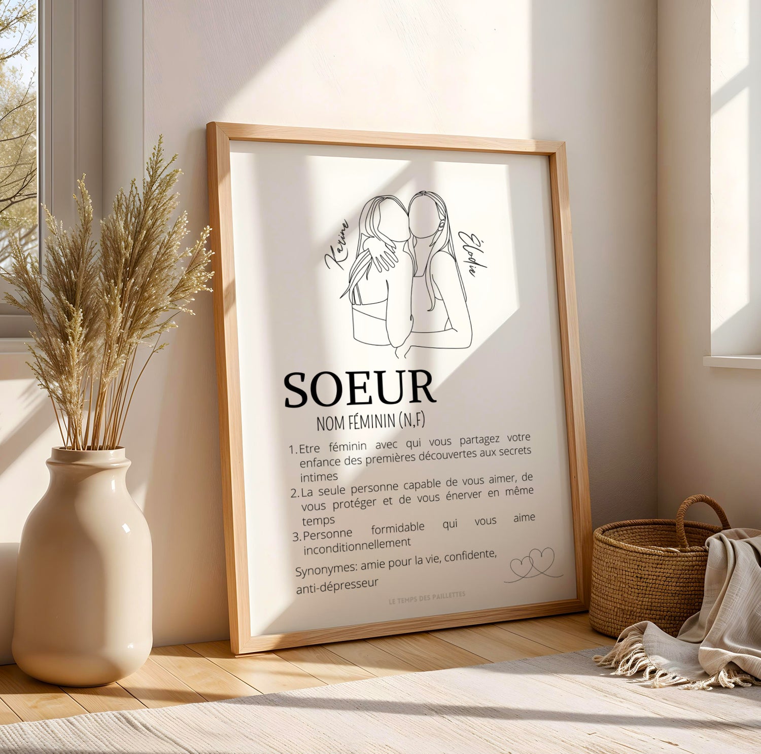 Affiche définition sœur personnalisée style dictionnaire avec prénom, cadeau original pour sœur à offrir pour anniversaire ou Noël.