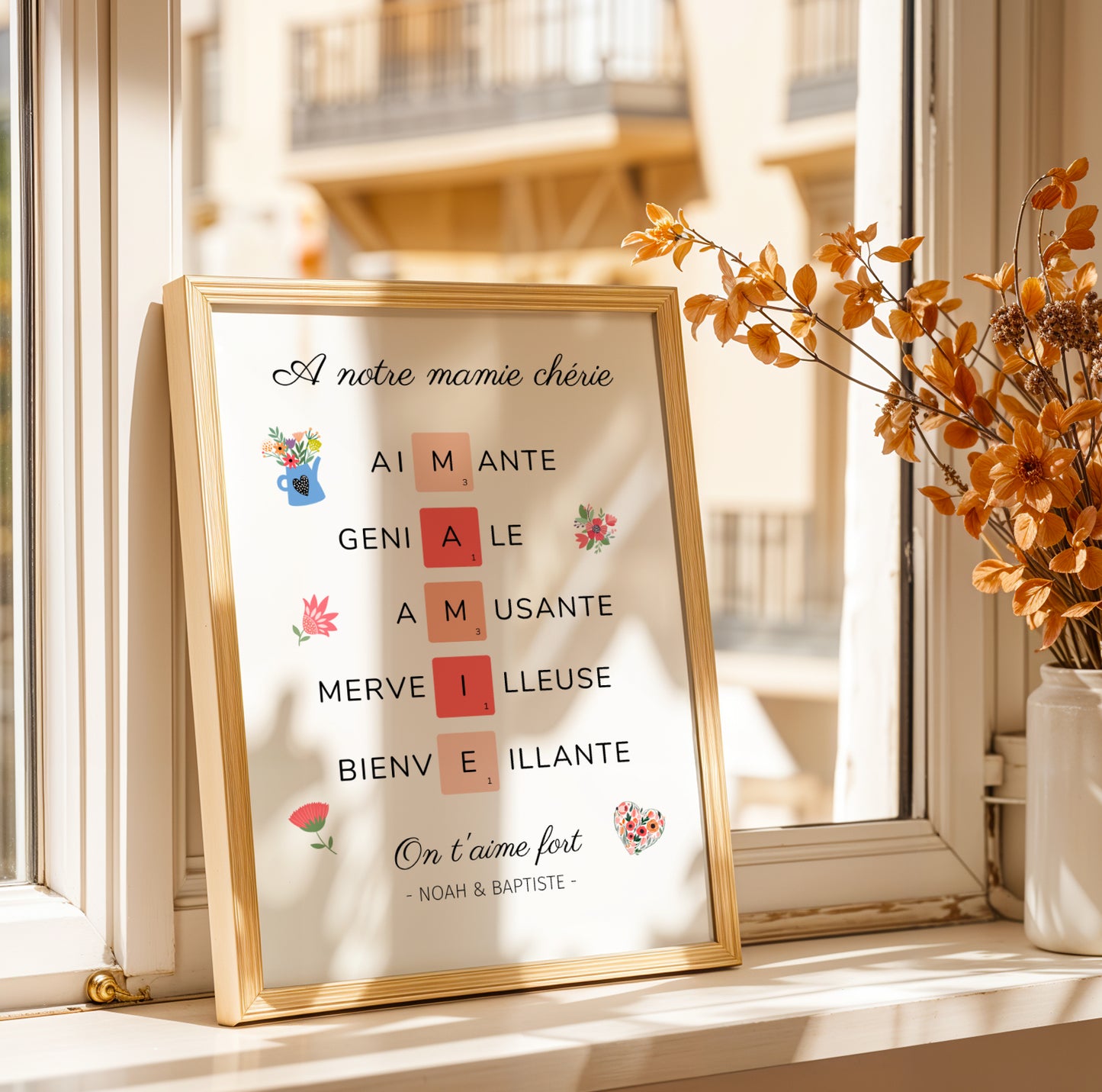 Affiche Mamie Personnalisée with heartfelt French words and colorful icons, perfect for Fête des Grands-Mères gift.