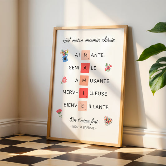 Affiche Mamie Personnalisée with warm floral design and loving words for Fête des Grands-Mères.