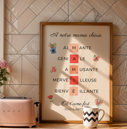 Affiche Mamie Personnalisée with loving message, floral accents, and warm brown frame for Fête des Grands-Mères.