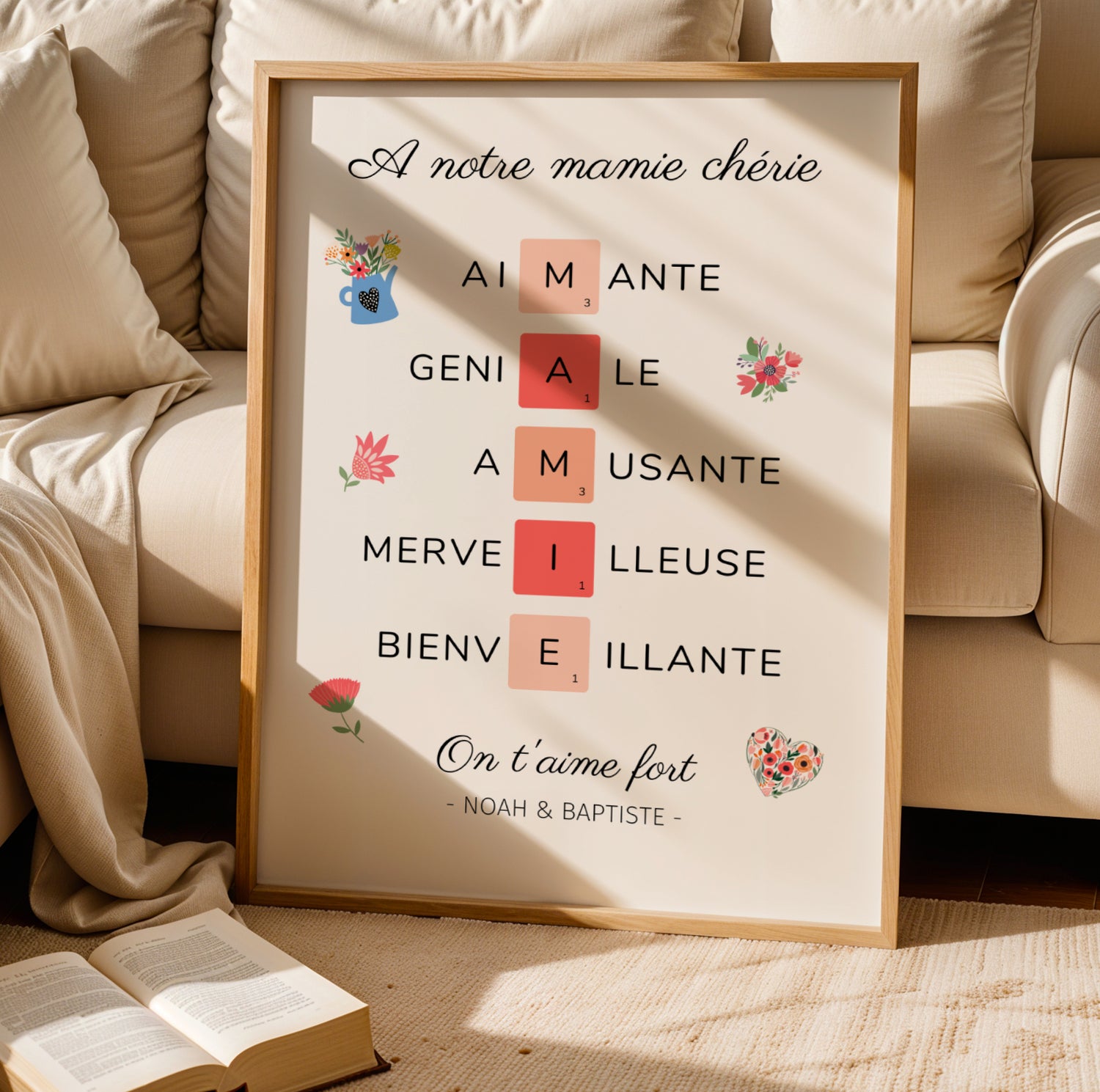 Affiche Mamie Personnalisée with heartfelt words in scrabble style, floral accents, and custom name for Fête des Grands-Mères.