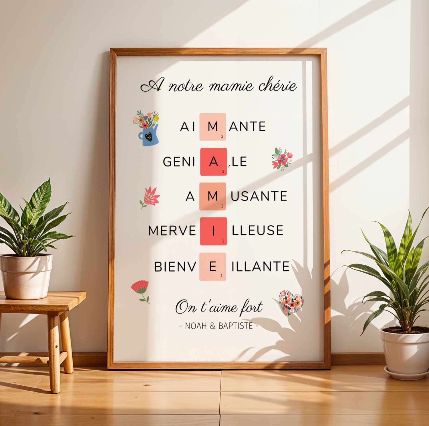 Framed personalized Mamie poster with floral accents and affectionate Acrostic poem for Fête des Grands-Mères.
