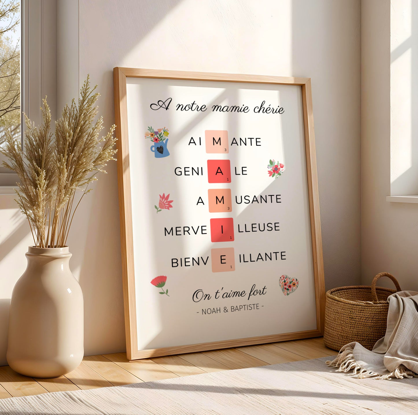 Framed Affiche Mamie Personnalisée with floral accents and loving words for Fête des Grands-Mères in warm, cozy setting.