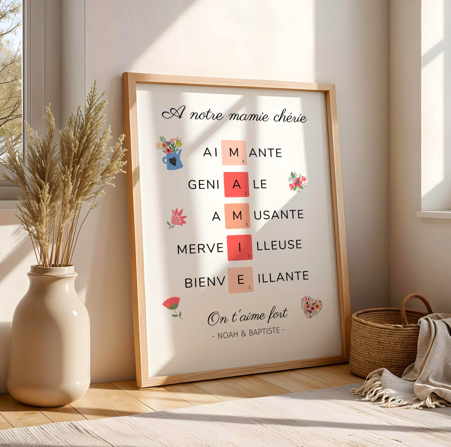 Framed Affiche Mamie Personnalisée with floral accents and loving words for Fête des Grands-Mères in warm, cozy setting.