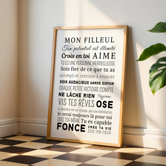 Affiche Mon Filleul – Idée Cadeau Baptême  – Poster inspirant et motivant – Idée cadeau parrain et marraine