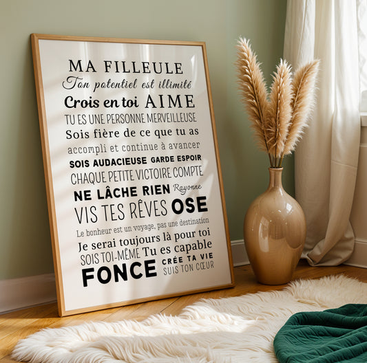 Affiche Ma Filleule Personnalisée – Cadeau Baptême, Anniversaire ou Surprise – Affiche Inspirante et Motivante – Idée Cadeau Filleule