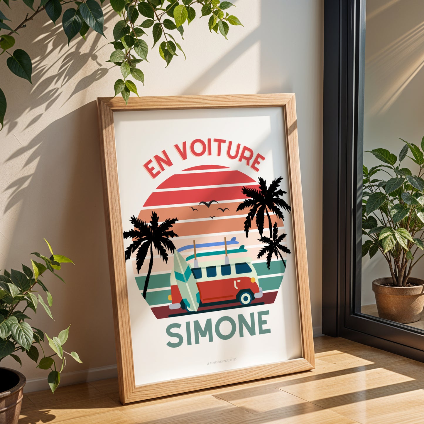 Affiche En voiture Simone - Affiche voyage et van - Affiche vintage sunset avec van  par Le Temps des Paillettes