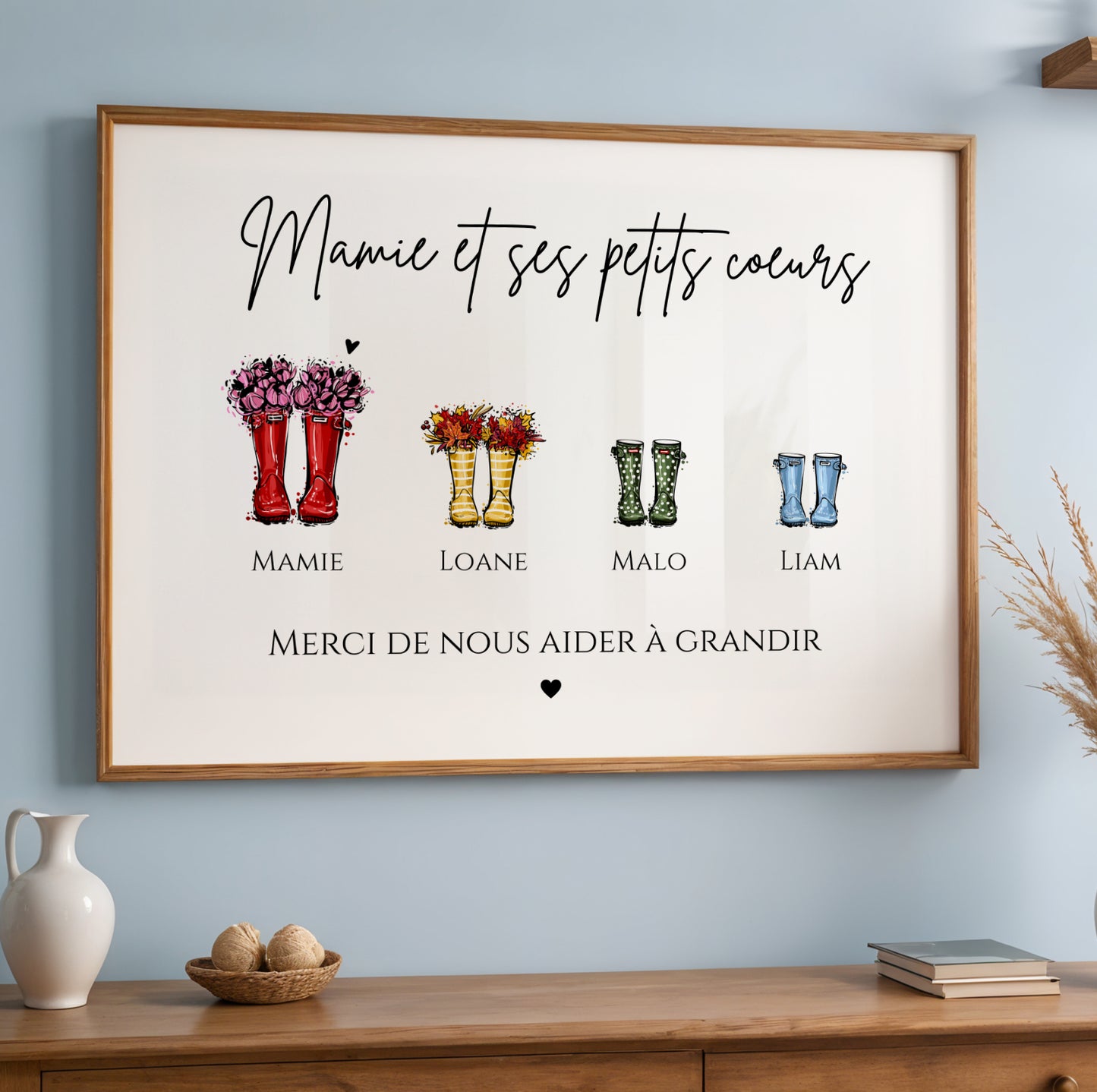 Personalized Affiche Mamie with colorful rain boots and names, perfect for Fête des Grands-Mères.