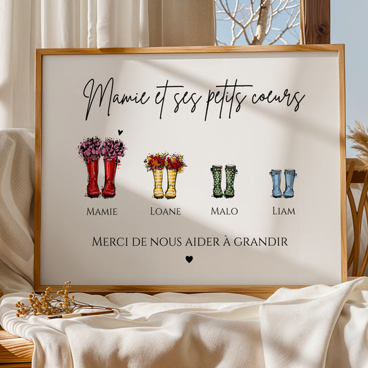 Affiche Mamie Personnalisée with colorful rain boots and names for Fête des Grands-Mères.