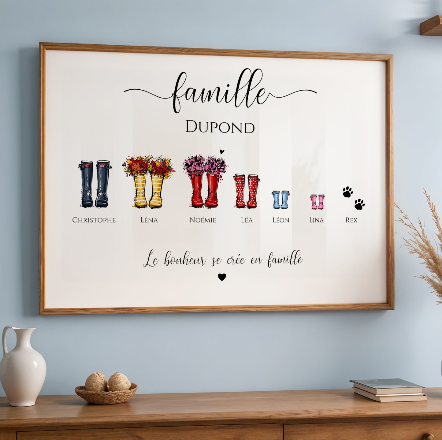Affiche Famille Personnalisée Bottes de Pluie – Portrait Illustré Prénoms Cadeau Noël Famille Recomposée - Image 7