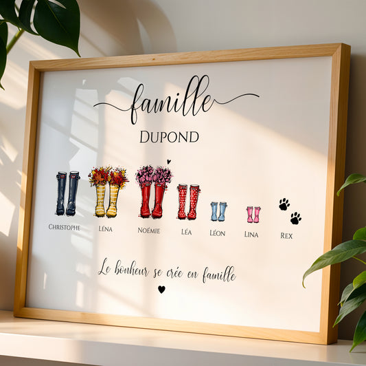 Affiche famille personnalisée, famille bottes de pluie, Custom family poster, Cadeau personnalisé Noël, bottes  par Le Temps des Paillettes