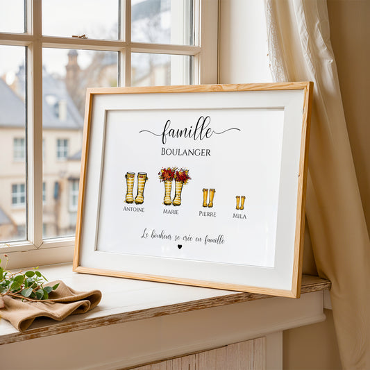 Affiche famille personnalisée, famille bottes de pluie, Custom family poster, Cadeau personnalisé Noël, bottes  par Le Temps des Paillettes