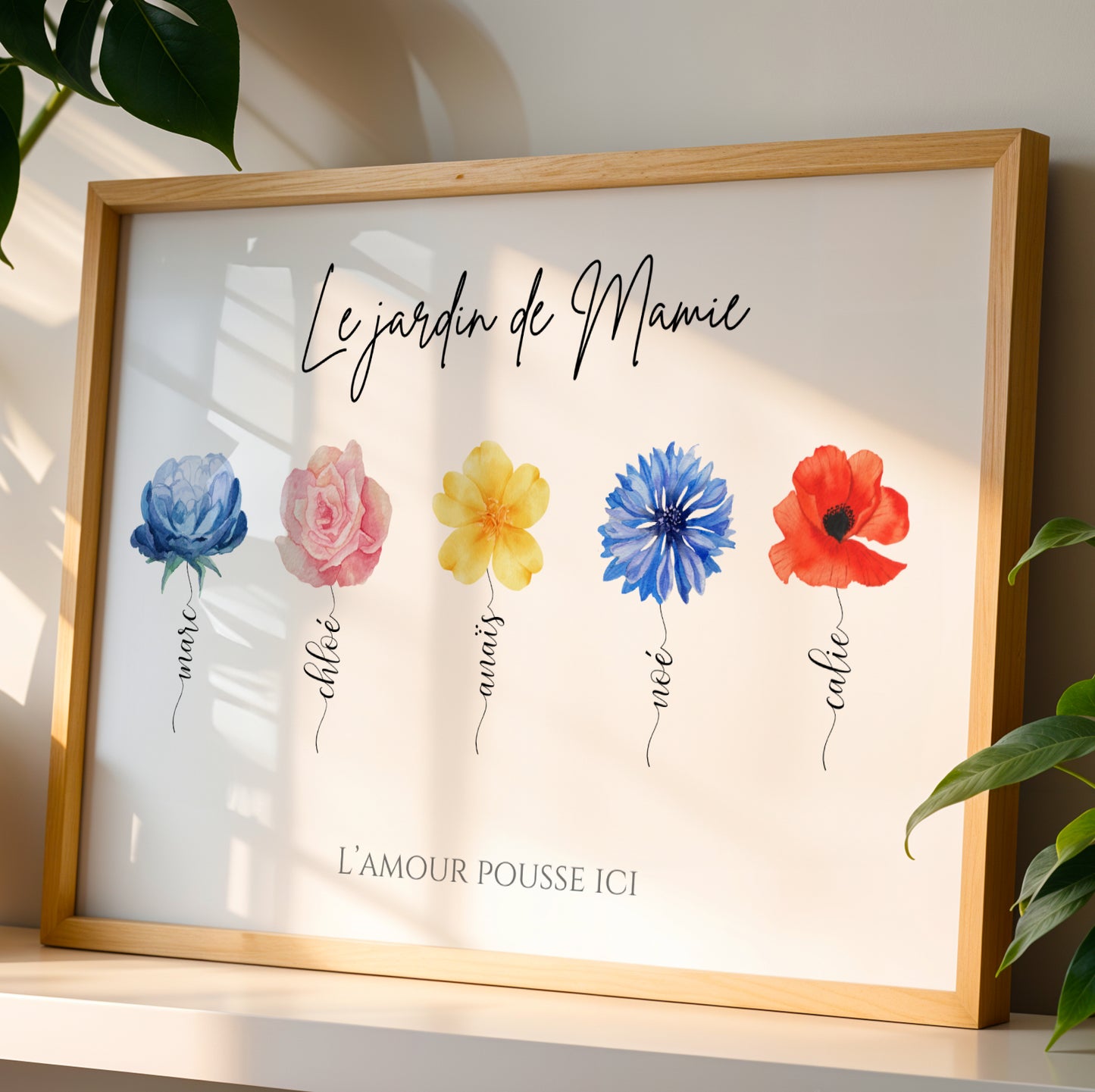 Personalized Affiche Mamie with colorful watercolor flowers in wooden frame for Fête des Grands-Mères.