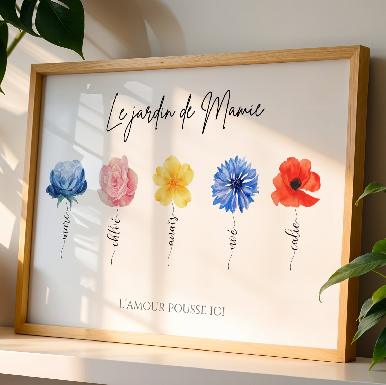 Personalized Affiche Mamie with colorful watercolor flowers in wooden frame for Fête des Grands-Mères.