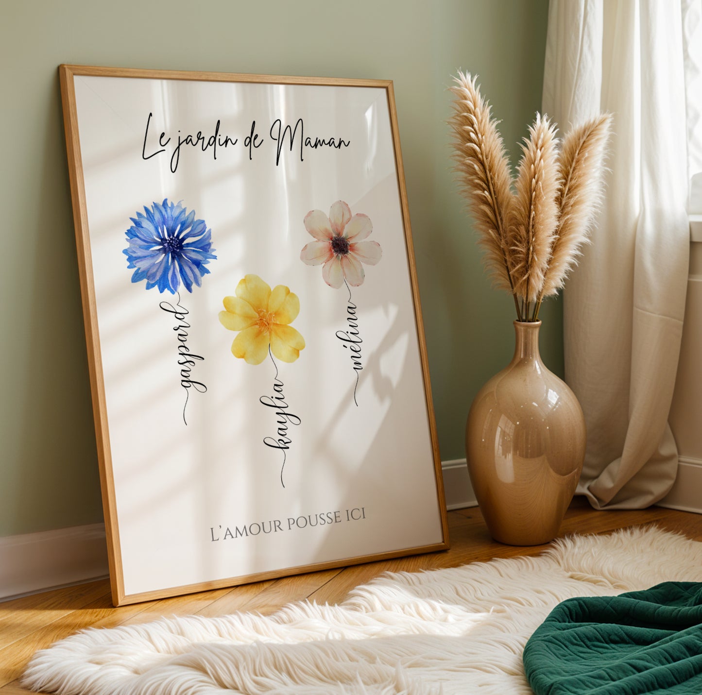 Affiche maman et fleurs personnalisée – Cadeau avec prénoms des enfants