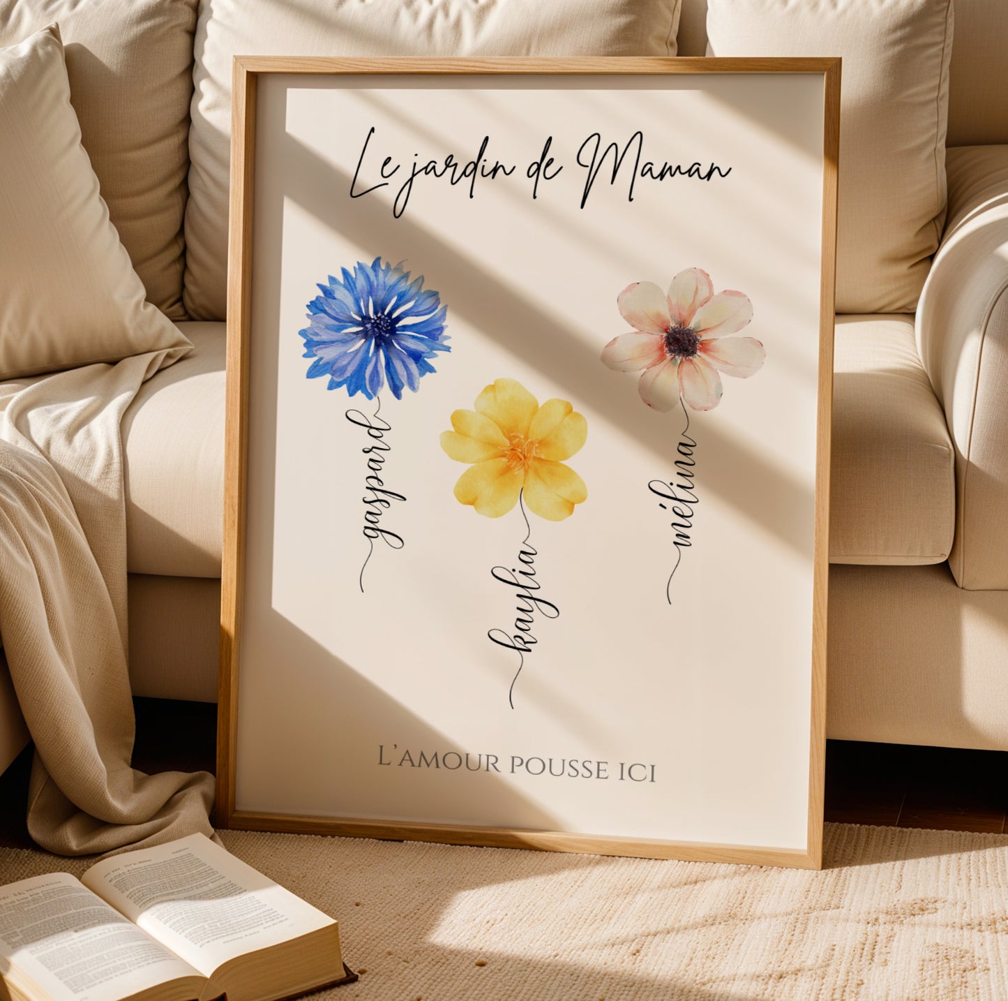 Affiche maman et fleurs personnalisée – Cadeau avec prénoms des enfants